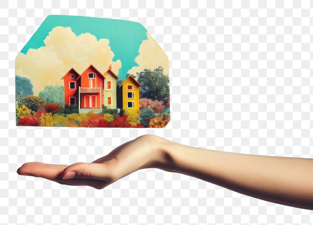 PNG House in hand sky background house outdoors painting. AI generated Image by rawpixel.