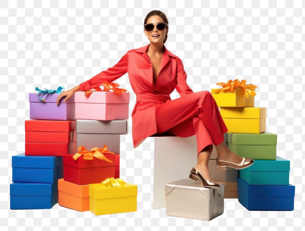 PNG Stacking gift boxes sunglasses fashion sitting. AI generated Image by rawpixel.