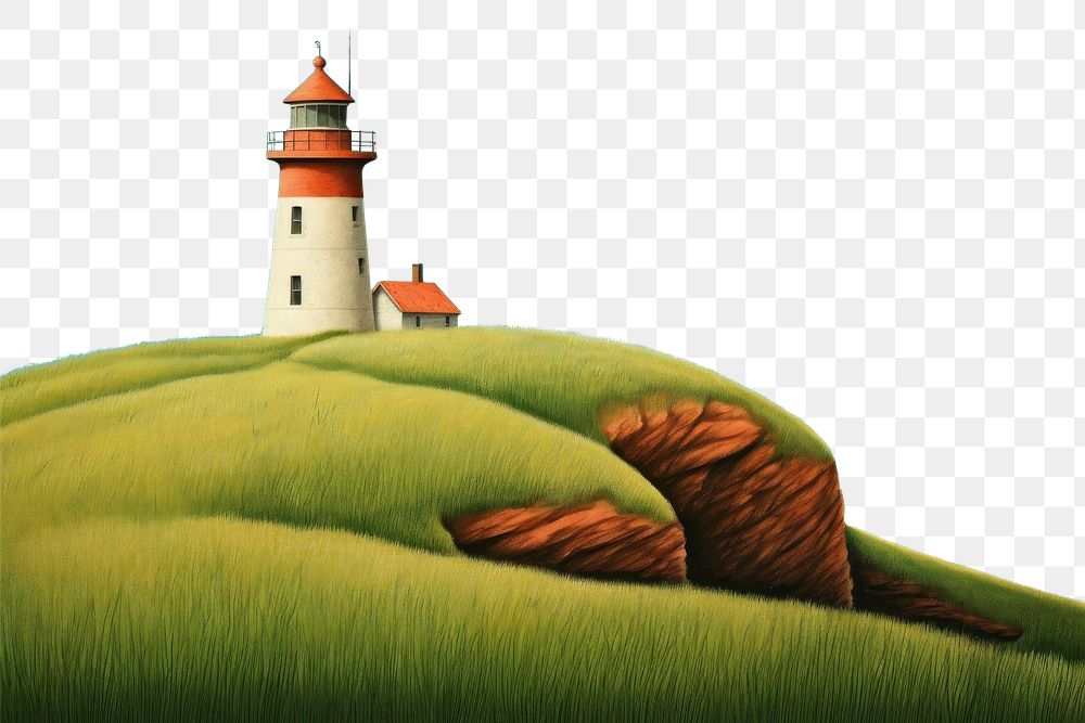 PNG Light house on a grassy island architecture lighthouse building. AI generated Image by rawpixel.