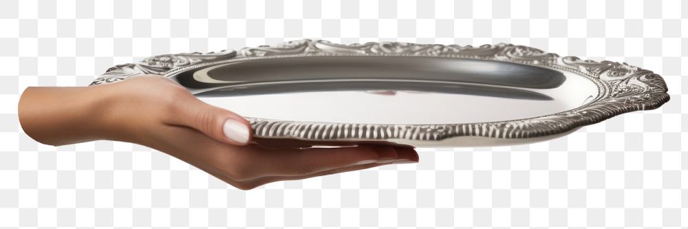 PNG A butler waitress hand is holding up a silver platter food white background silverware. AI generated Image by rawpixel.