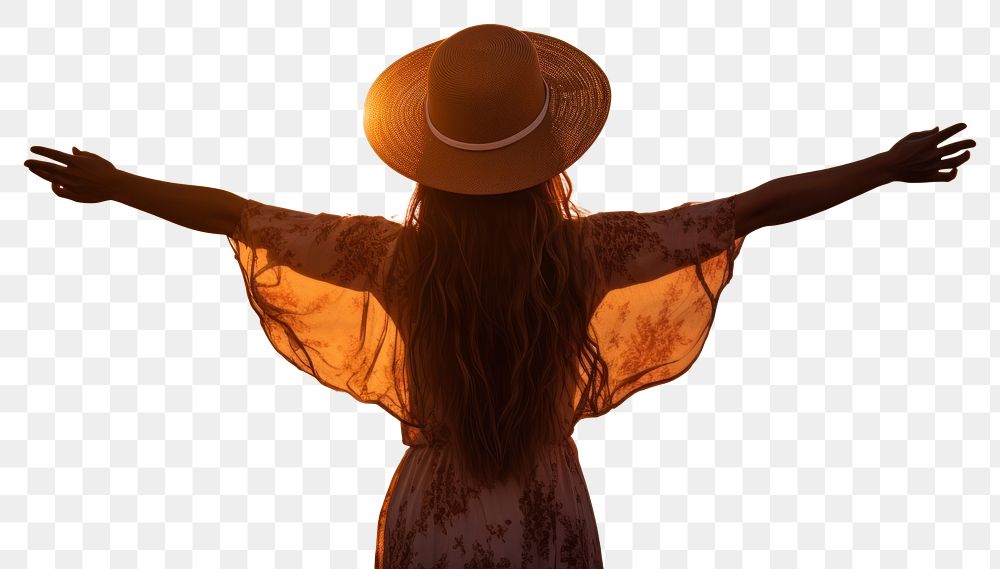 PNG Happy woman weating a hat with arms up enjoy freedom at the beach at sunset outdoors nature adult. AI generated Image by…