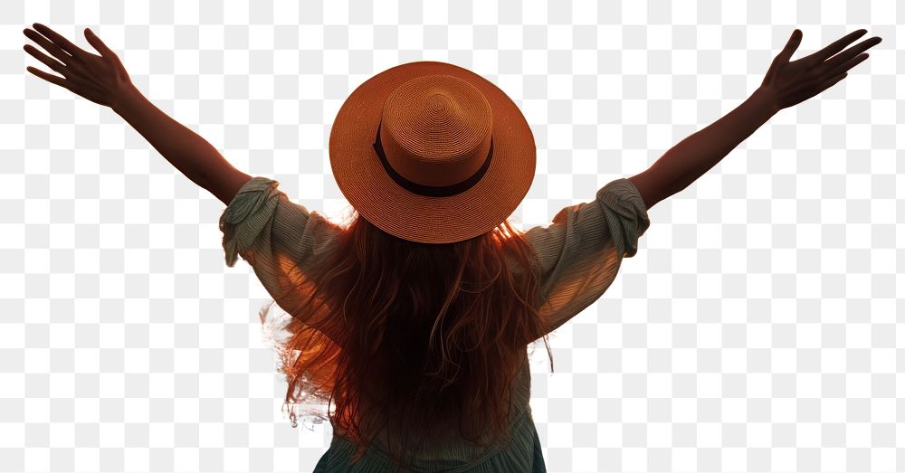 PNG Happy girl wearing a hat with arms up enjoy freedom at the beach at sunset outdoors nature adult. AI generated Image by…