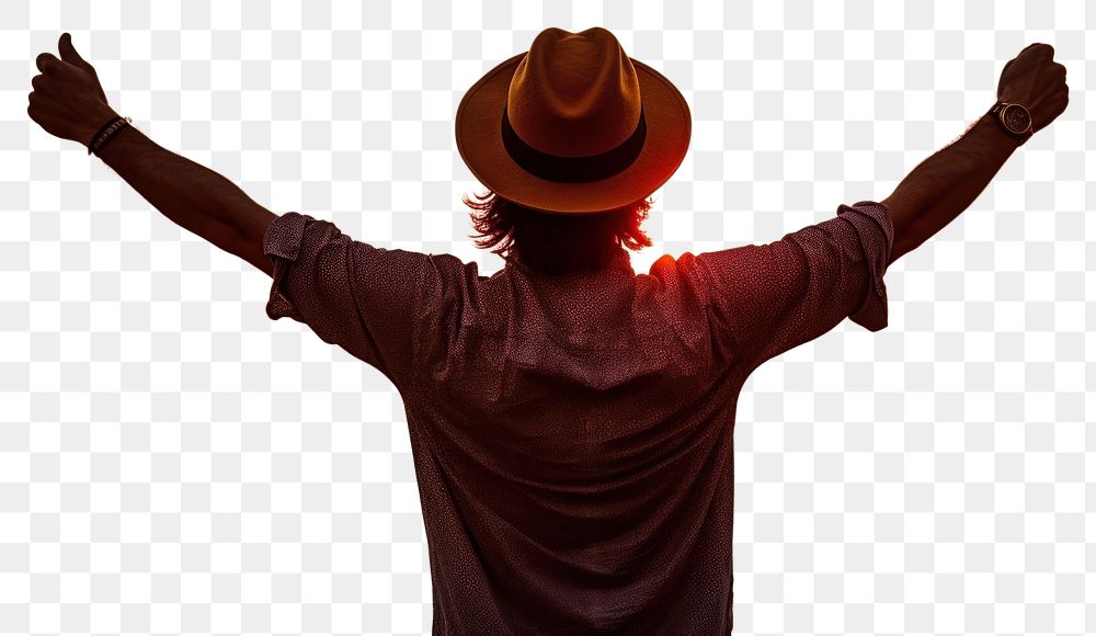 PNG Happy man weating a hat with arms up enjoy freedom at the beach at sunset outdoors adult happy. AI generated Image by…