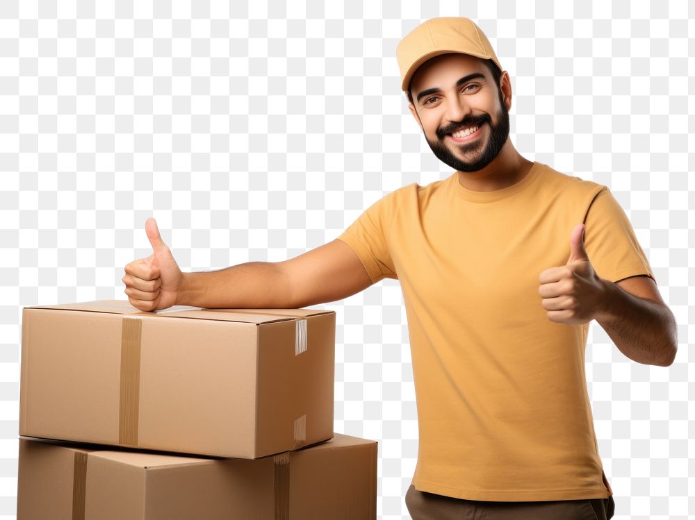 PNG Delivery man pointing box cardboard portrait. AI generated Image by rawpixel.