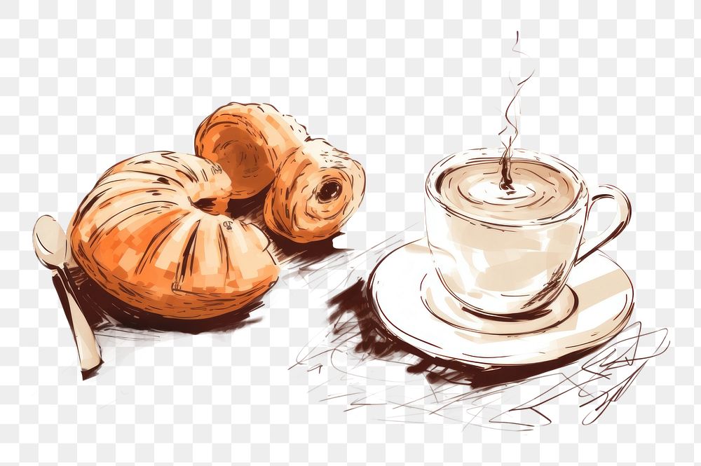 PNG Coffee and pastries drawing sketch croissant. AI generated Image by rawpixel.