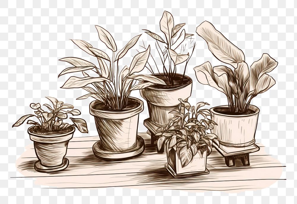 PNG Potted indoor garden drawing sketch plant. AI generated Image by rawpixel.