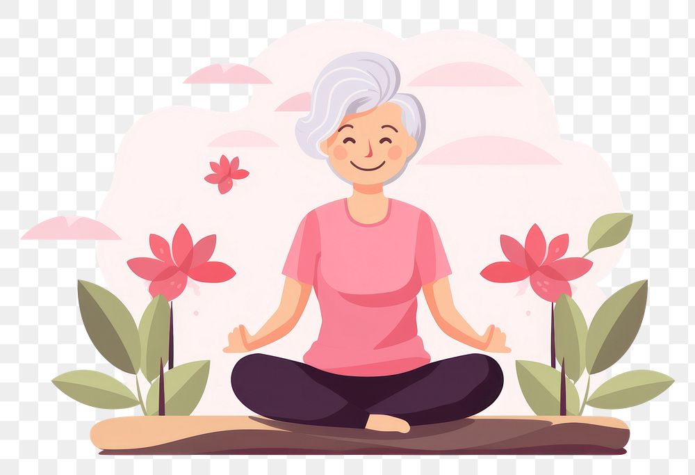 PNG  Asian senior woman yoga flower plant. AI generated Image by rawpixel.