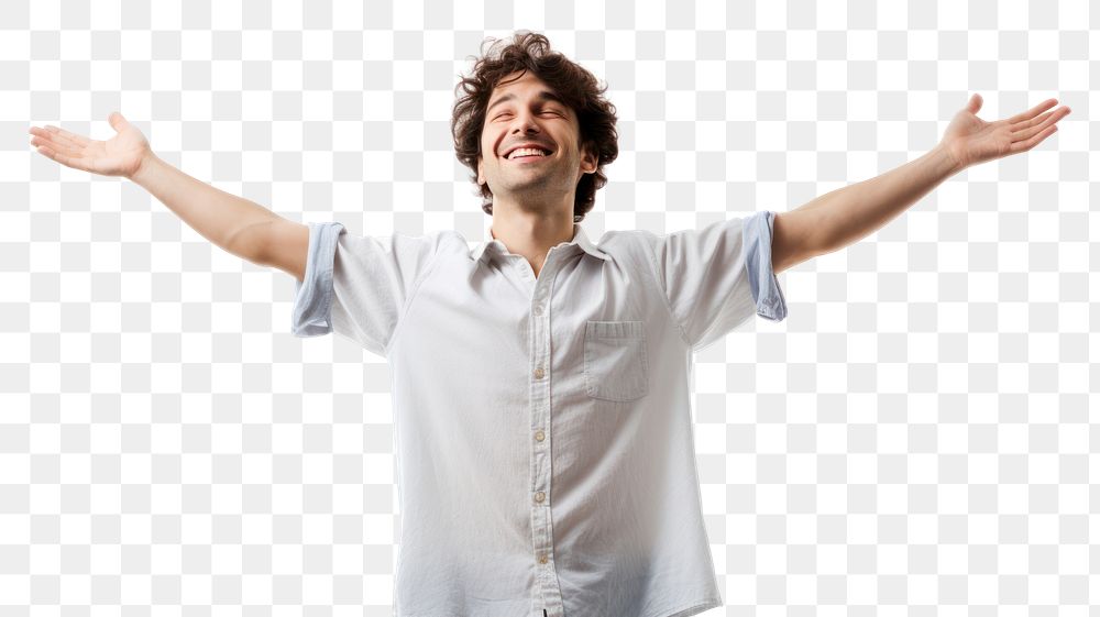 PNG  Man with arms outstretched white background excitement relaxation. AI generated Image by rawpixel.