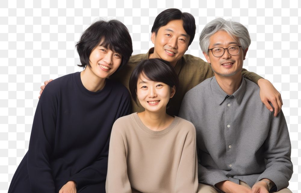 PNG Japanese family poses at studio for portrait pictures grandparent adult togetherness. AI generated Image by rawpixel.