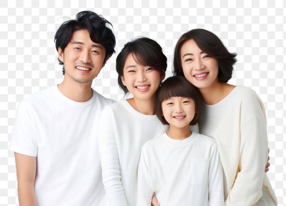 PNG Japanese family wearing blank white shirt poses at studio for portrait pictures parent adult togetherness. AI generated…