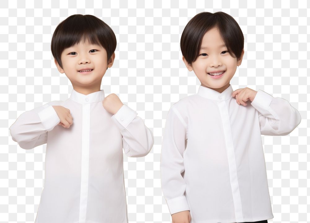 PNG Two asian kids dresses blank white mandarin collar shirt portrait happy photo. AI generated Image by rawpixel.