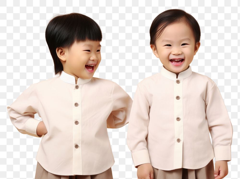 PNG Two asian kids dresses blank white mandarin collar shirt portrait happy photo. AI generated Image by rawpixel.