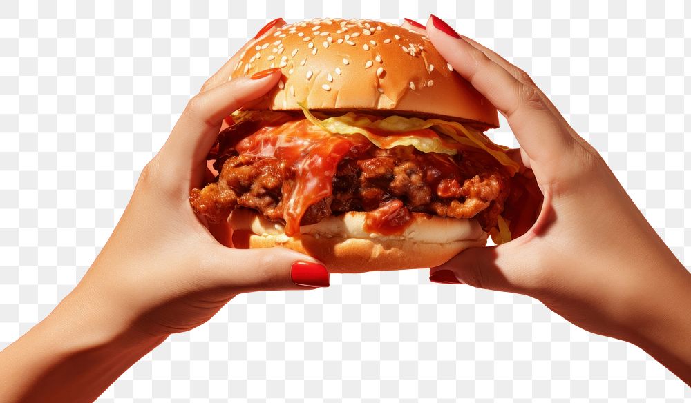 PNG Hand holding burger food red hamburger. 