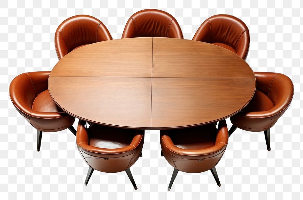 PNG Oval round table with brown leather chairs furniture white background arrangement. AI generated Image by rawpixel.
