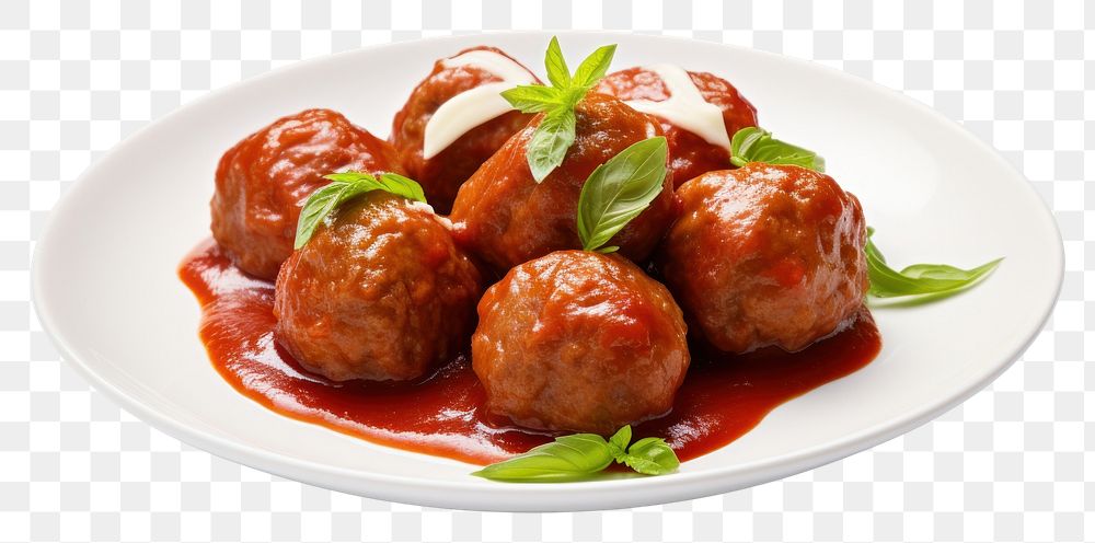 PNG  Meatballs with tomato sauce on white plate food white background vegetable. AI generated Image by rawpixel.