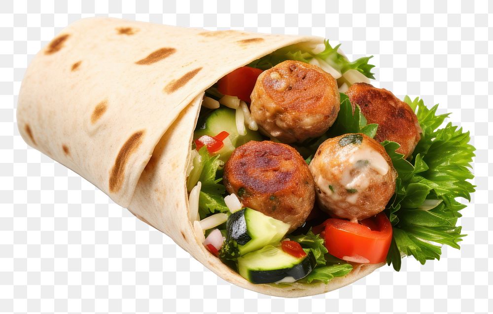 PNG  Turkey meatballs wrap with vegetables bread food white background. AI generated Image by rawpixel.