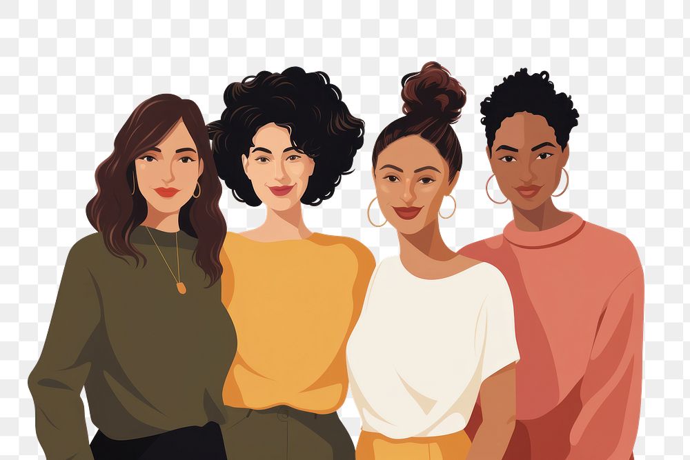 PNG Minimal aesthetic flat vector of *4 Millennial women looking at the camera with confidence*, Diverse group of strong…