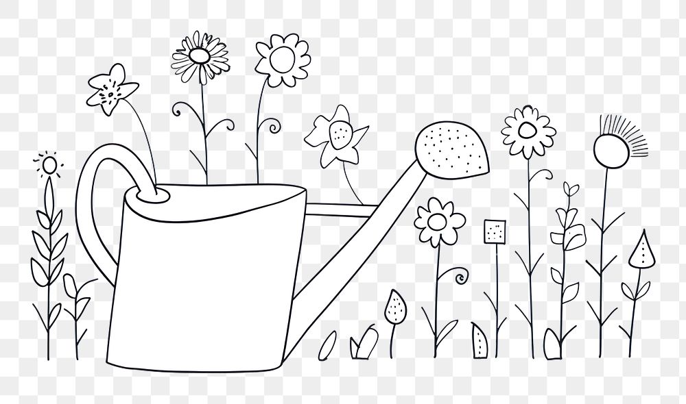 Minimal illustration of watering can with flowers drawing sketch doodle. AI generated Image by rawpixel.
