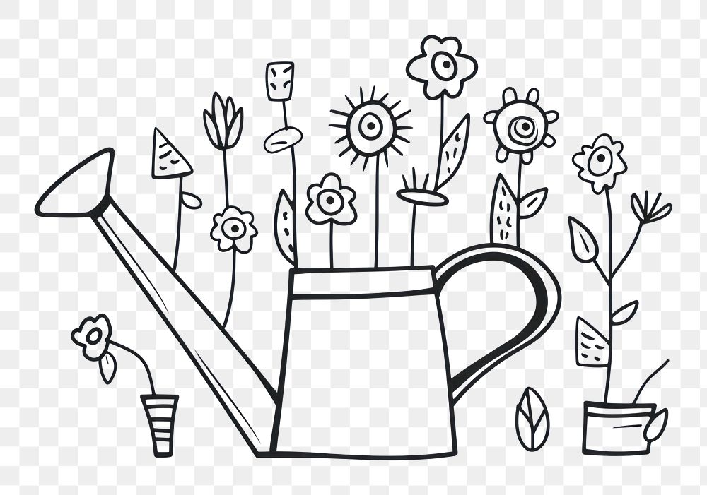 PNG Minimal illustration of watering can with flowers drawing sketch doodle. AI generated Image by rawpixel.