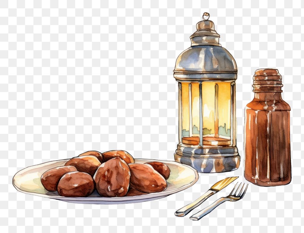 PNG Ramadan dates bottle plate food. AI generated Image by rawpixel.