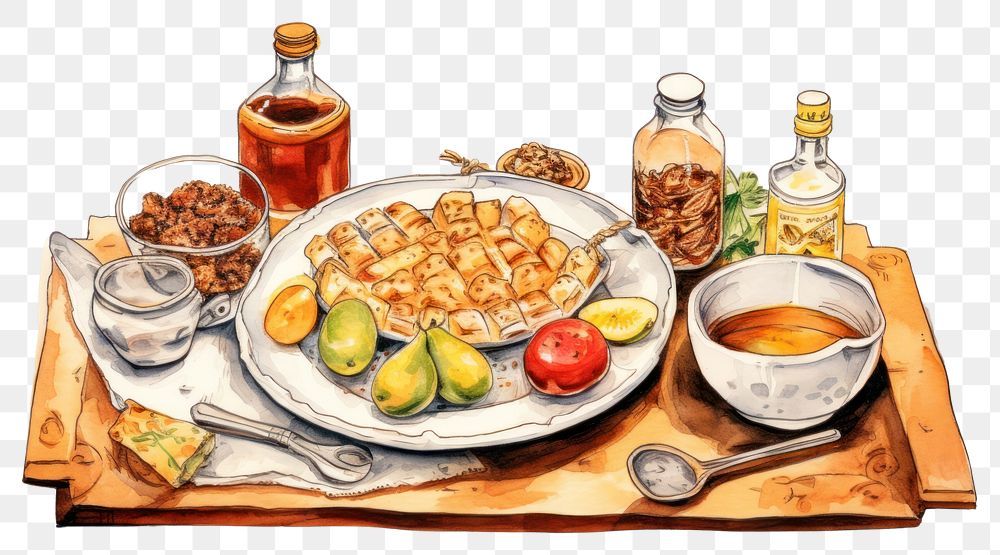 PNG  Ramadan food sketch plate refreshment. AI generated Image by rawpixel.