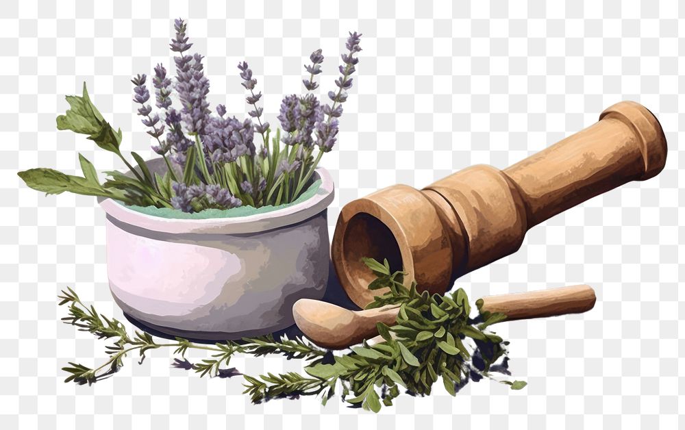 PNG  Herbs mortar and pestle lavender flower plant. AI generated Image by rawpixel.