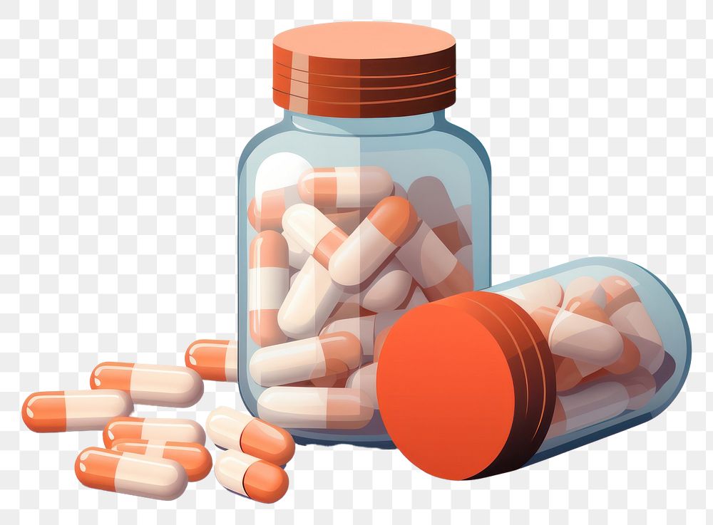 PNG  Capsules spilling out of bottle white background medication container. AI generated Image by rawpixel.