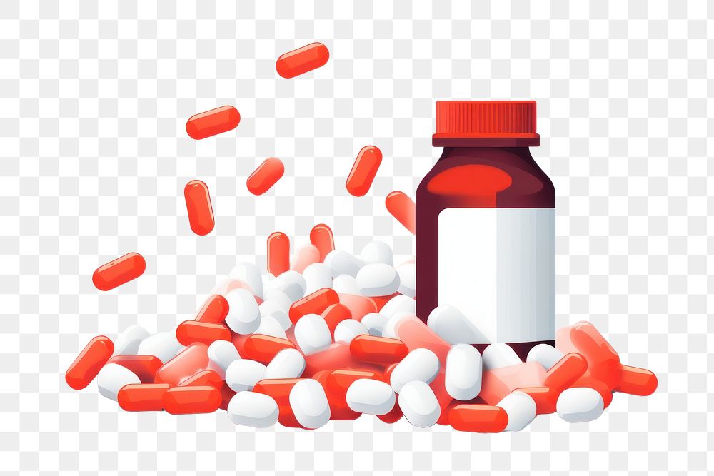 PNG Capsules spilling out of bottle white background medication container. AI generated Image by rawpixel.
