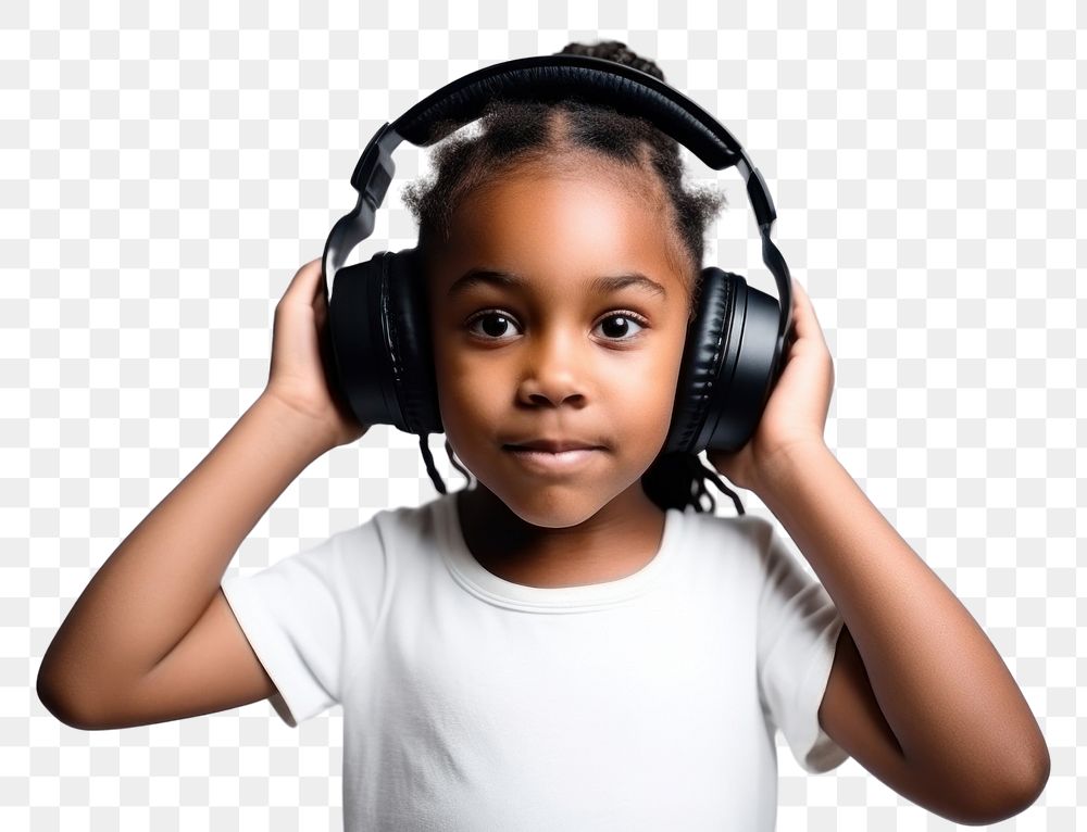 PNG Black little girl headphones listening portrait. AI generated Image by rawpixel.
