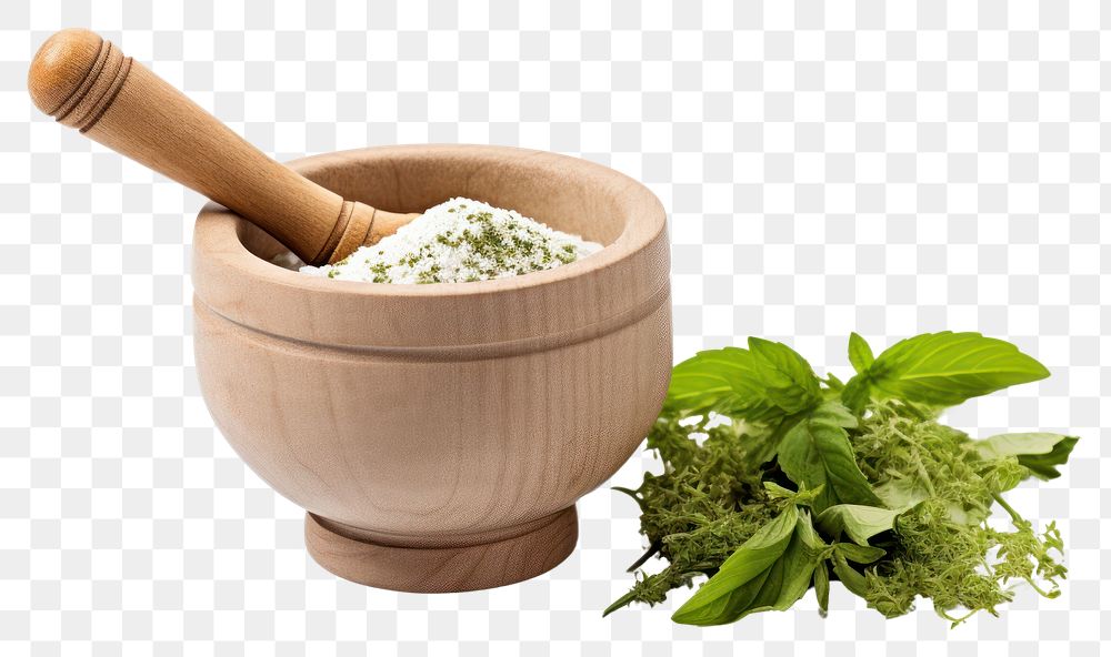 PNG  Herbs mortar and pestle plant white background ingredient. AI generated Image by rawpixel.