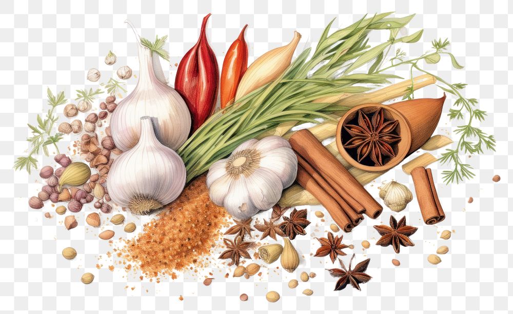 PNG  Spice food ingredient variation spice vegetable garlic. AI generated Image by rawpixel.