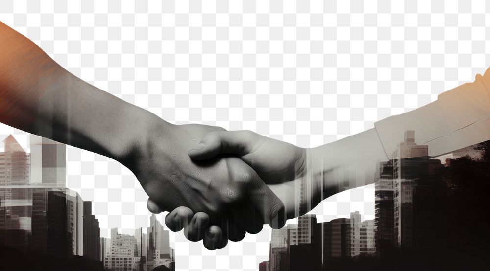 PNG Hand shake silhouette with city handshake togetherness architecture. AI generated Image by rawpixel.