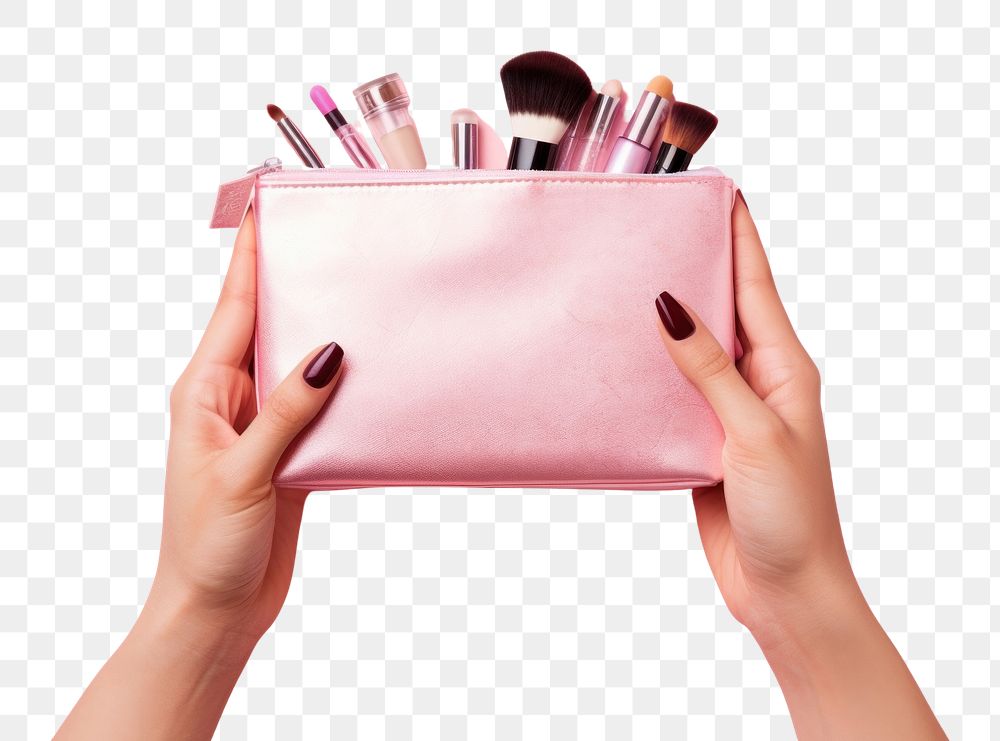 PNG Hands holding cosmetic bag with cosmetic tool cosmetics lipstick brush. AI generated Image by rawpixel.