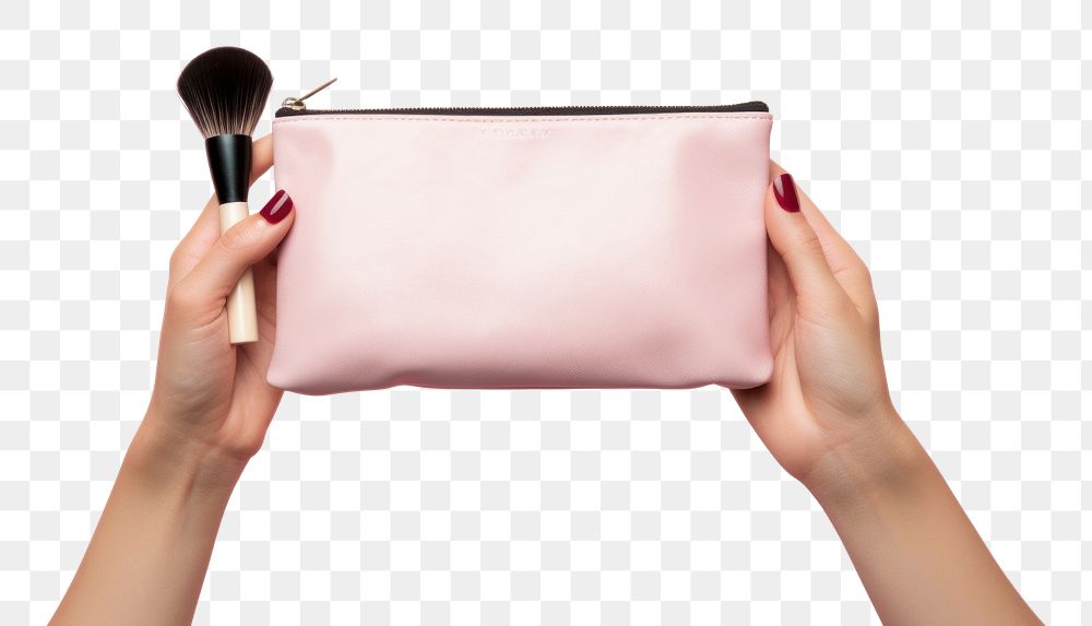 PNG Hands holding cosmetic bag with cosmetic tool cosmetics brush pink. AI generated Image by rawpixel.