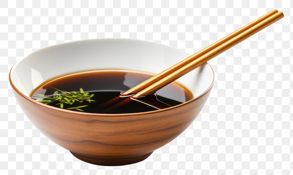 PNG  Bowl of black tasty soy sauce and chopsticks bowl food white background. AI generated Image by rawpixel.