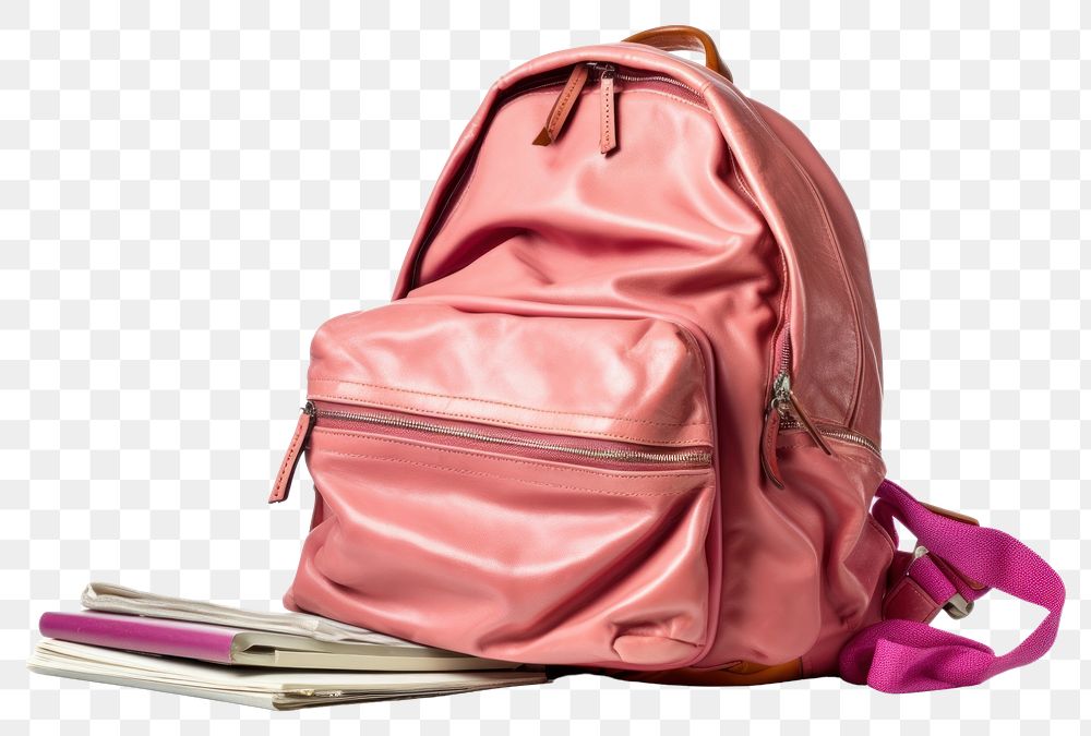 PNG Pink backpack with school supplies handbag pink white background. AI generated Image by rawpixel.