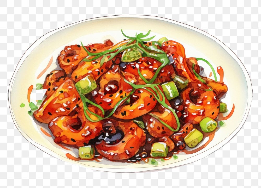 PNG Squid with Korean spicy paste food plate meal. AI generated Image by rawpixel.