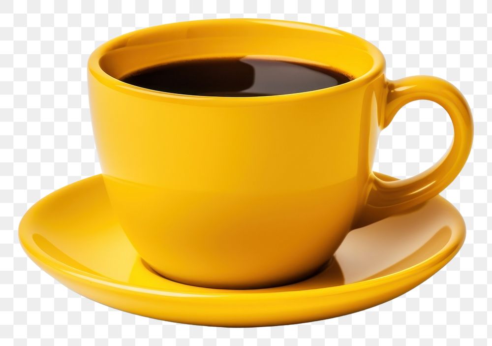 PNG Yellow cup of black coffee saucer drink mug. AI generated Image by rawpixel.