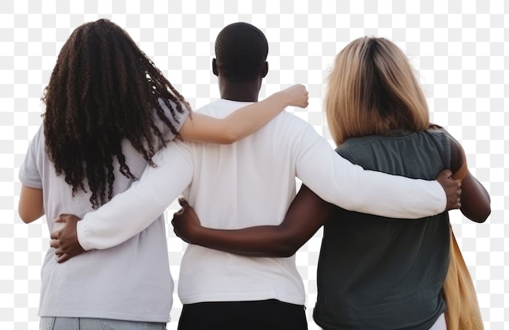 PNG  Multiracial friends embracing together outdoors nature adult. AI generated Image by rawpixel.