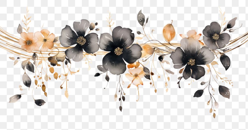 PNG Black and gold flowers pattern nature plant. AI generated Image by rawpixel.