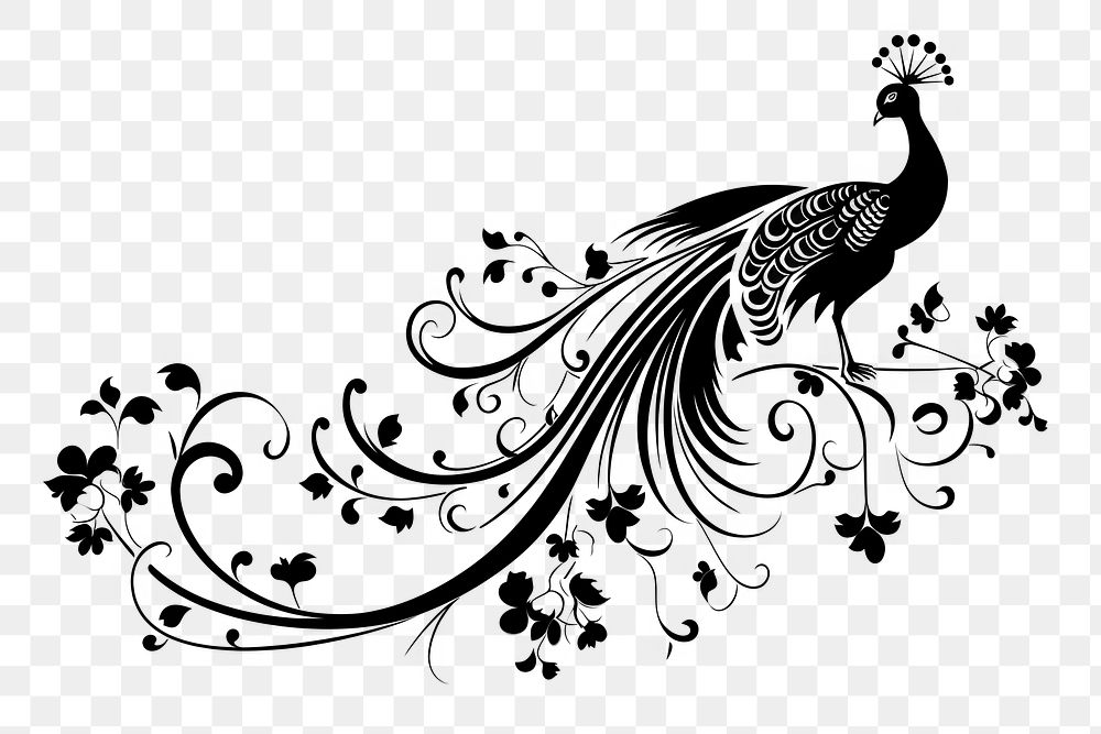 a single vector black and white graphic of vintage divider of *peacock*, isolated on white background --ar 3:2