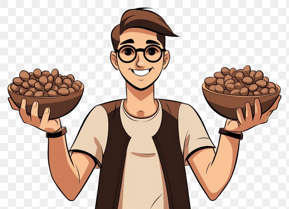 PNG Isolated a barista show coffee beans in his hands glasses cartoon adult. AI generated Image by rawpixel.