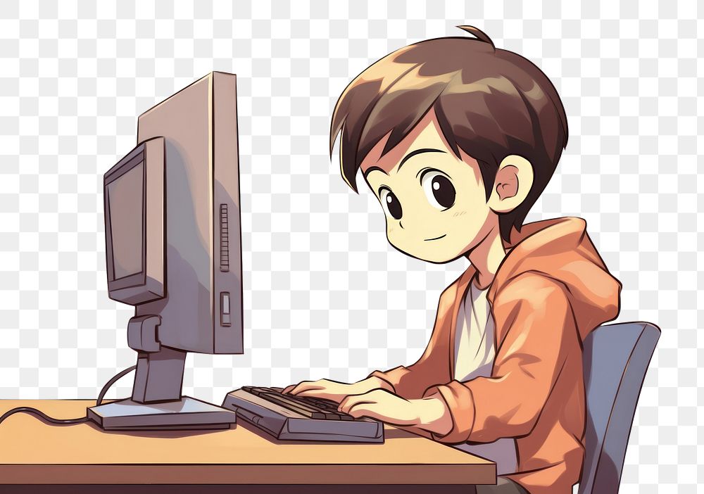 PNG Isolated a boy gamer playing computer game on his computer cartoon electronics publication. AI generated Image by…