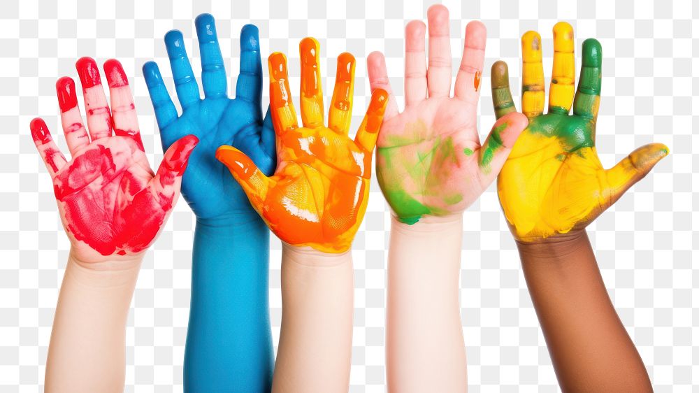 PNG Color painted diversity child hands finger white background creativity. AI generated Image by rawpixel.