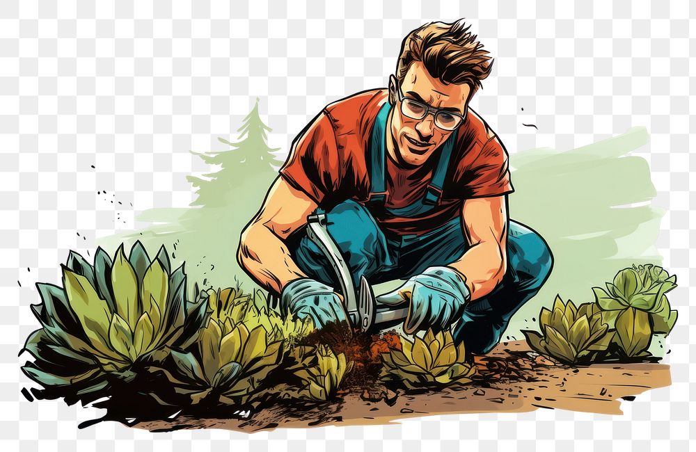 PNG  Gardening outdoors comics adult. AI generated Image by rawpixel.