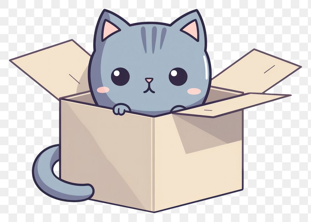 PNG  Grey cat box cardboard cartoon. AI generated Image by rawpixel.