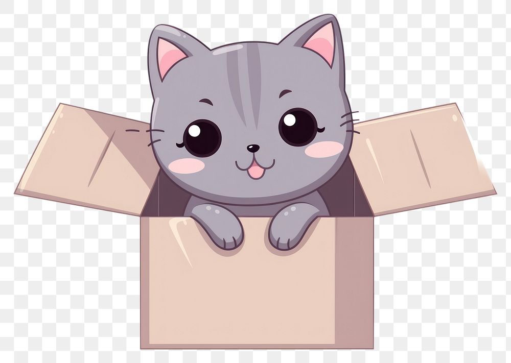 PNG  Grey cat box cardboard cartoon. AI generated Image by rawpixel.