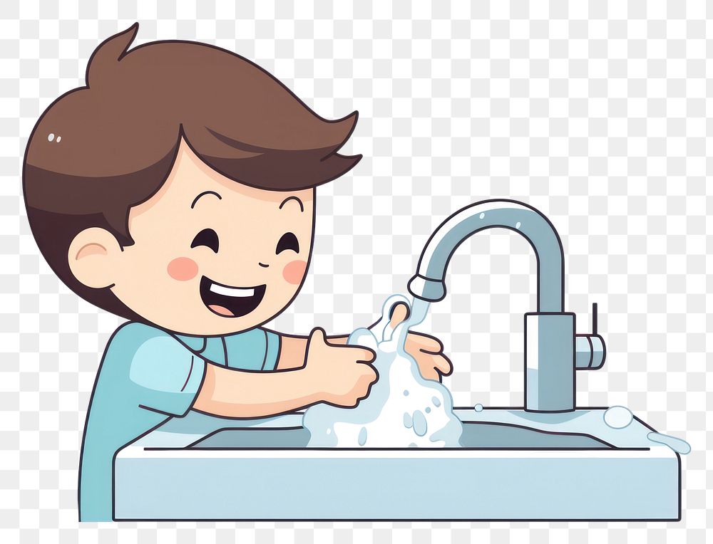 PNG  Kid washing hands fountain cartoon child. AI generated Image by rawpixel.