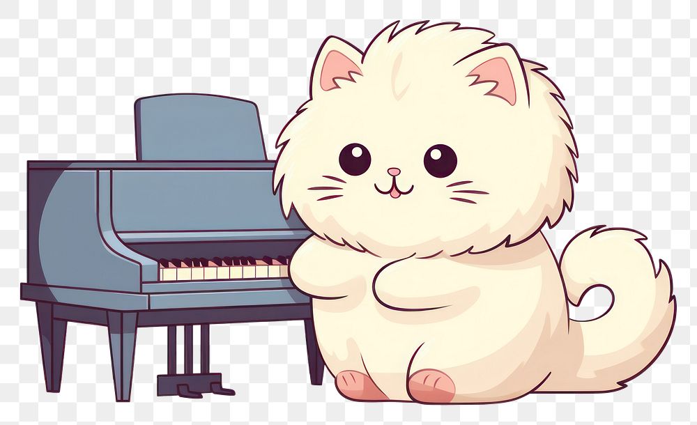 PNG  Persian cat playing piano keyboard cartoon cute. AI generated Image by rawpixel.