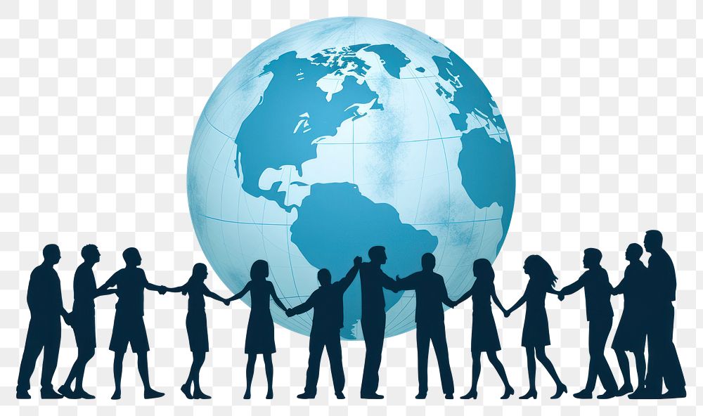 PNG  Silhouette of people holding hands around a globe togetherness planet adult. AI generated Image by rawpixel.
